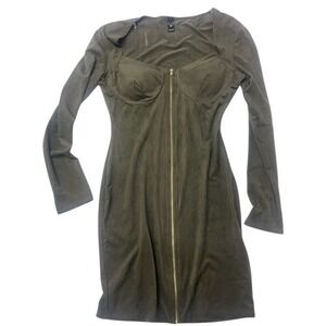 Windsor Olive Green Faux Suede Full Zip Front Corset Bodycon Mini Dress Small